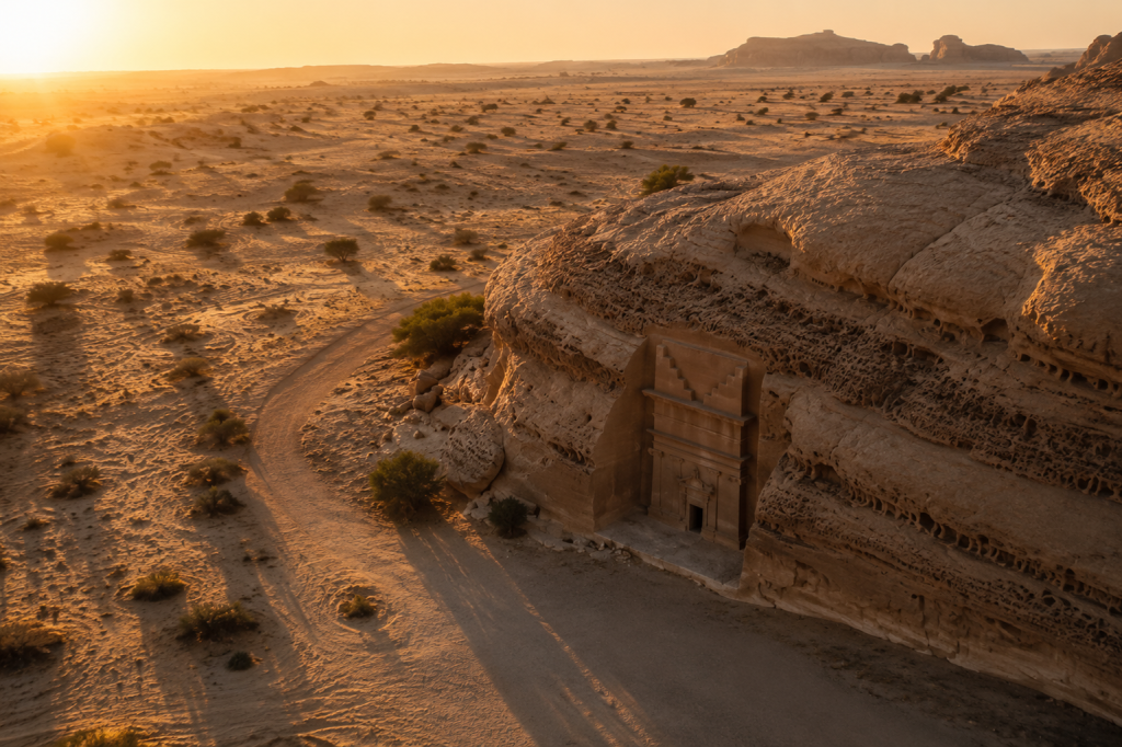A desert landscape with a carved stone structure in warm light.