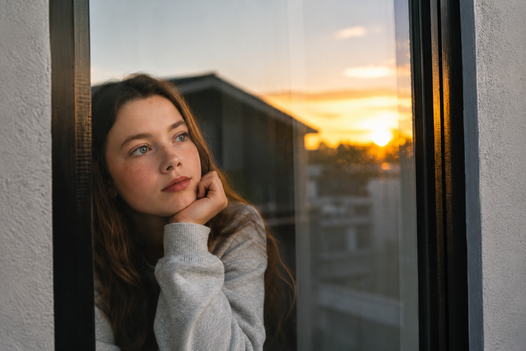 A thoughtful young woman looking out a window at sunset.