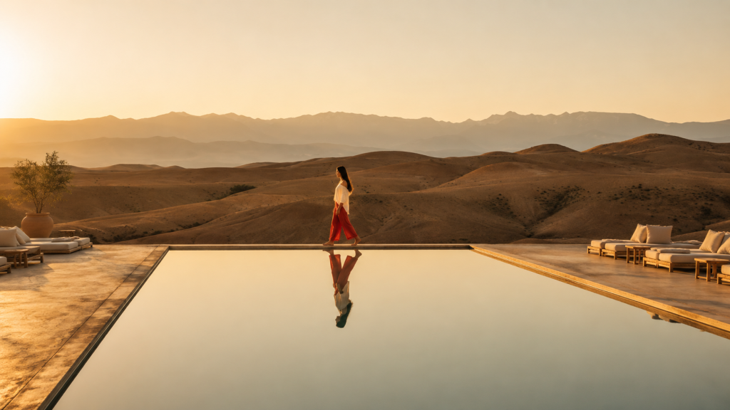 A woman in a red skirt standing on a terrace in a desert landscape.