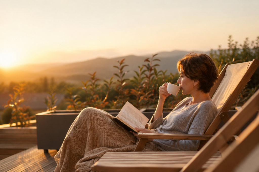 A woman drinking from a cup on a terrace at sunrise.